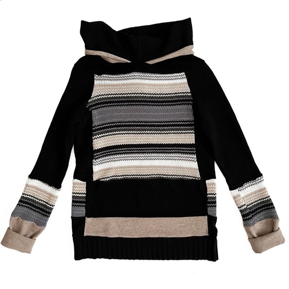 HANDMADE Striped Patchwork Cowl Neck Hoodie Sweater - Picture 11 of 11